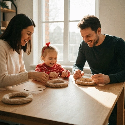 Family crafting minimalist Christmas wreaths together, laughing and creating memories