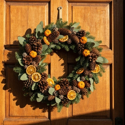 Beautiful eco-friendly Christmas wreath made with natural materials, hanging on a rustic wooden door