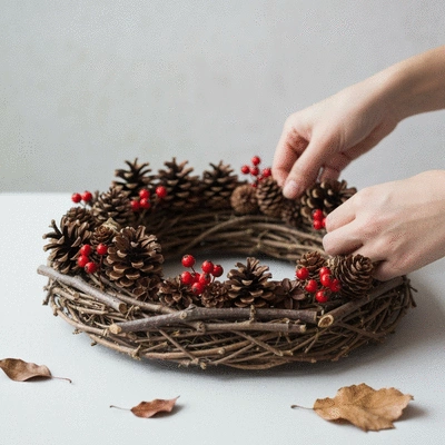 Close-up of hands arranging pine cones and berries onto a sustainable Christmas wreath base