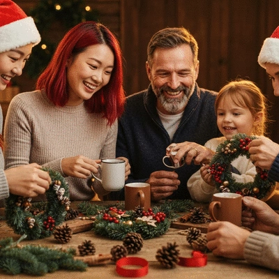 Family and friends crafting Christmas wreaths together, laughing and sharing hot cocoa