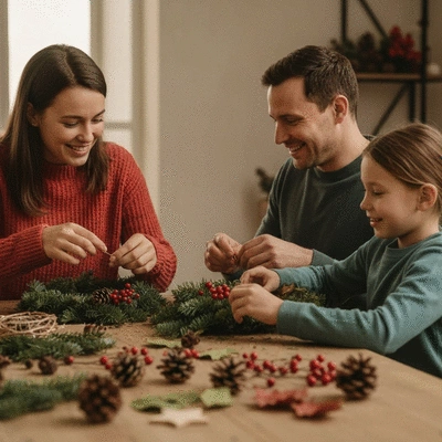 Family crafting a Christmas wreath together at a table