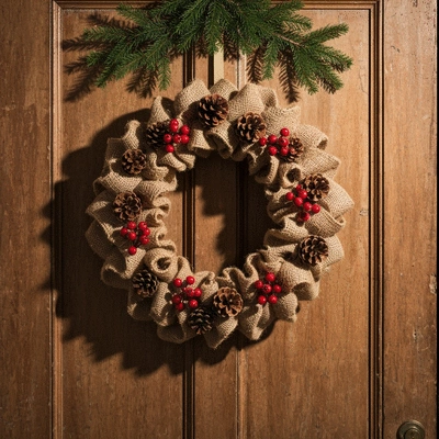 Rustic Christmas wreath with burlap, pinecones, and red berries on a wooden door