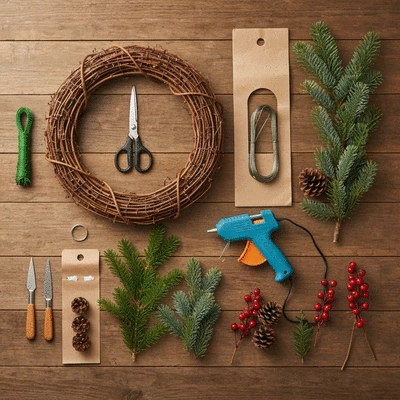 Assortment of Christmas wreath craft supplies on a wooden table