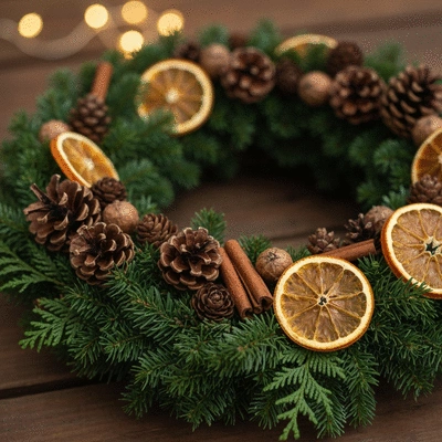 Close-up of a rustic Christmas wreath, highlighting pinecones and dried orange slices