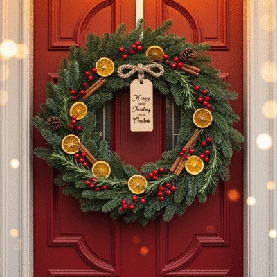 A beautifully personalized Christmas wreath with mixed natural and artificial elements hanging on a door