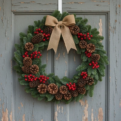 Beautifully decorated rustic evergreen wreath with pinecones, berries, and burlap ribbon, hanging on a weathered wooden door