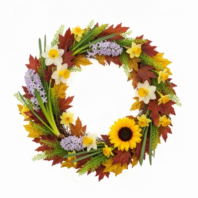 Versatile wreath decorated for different seasons, showing spring flowers, autumn leaves, and summer elements