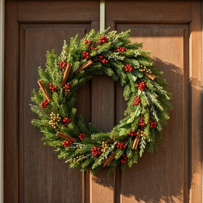 Beautifully styled Christmas wreath on a wooden door, festive and welcoming, natural light