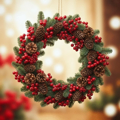 Beautifully crafted fresh Christmas wreath with berries and pinecones