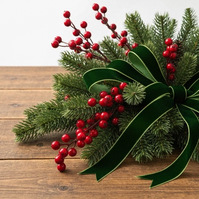 Close-up of high-quality wreath materials like lush faux pine branches, red berries, and velvet ribbon on a rustic wooden table
