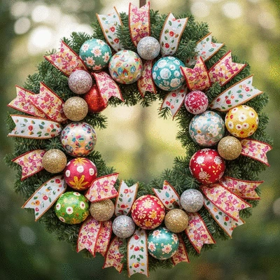 Close-up of a personalized Christmas wreath with unique ornaments and ribbons, in natural lighting, no text, no words, no typography, clean image