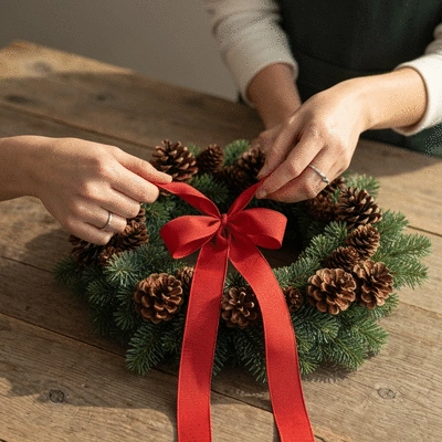 Person's hands tying a red wired ribbon into a bow for a Christmas wreath on a rustic wooden table with pinecones and evergreen branches, soft natural light, no text, no words, no typography, clean image