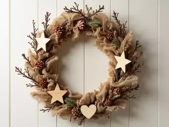 Rustic Christmas Wreath Tutorial Using Burlap, Twigs, and Wood Ornaments
