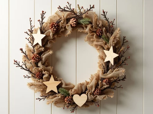 Rustic Christmas Wreath Tutorial Using Burlap, Twigs, and Wood Ornaments