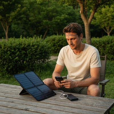Person charging a smartphone and a small power bank using a portable solar panel at a campsite