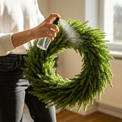 Person misting a beautiful, fresh Christmas wreath with a spray bottle