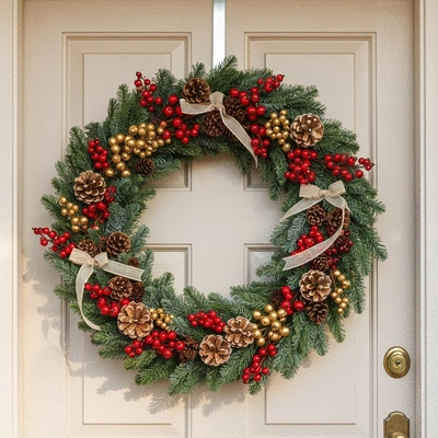 Beautifully decorated handmade Christmas wreath hanging on a front door