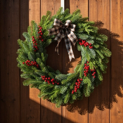 Handmade rustic Christmas wreath with evergreen, red berries, and plaid ribbon