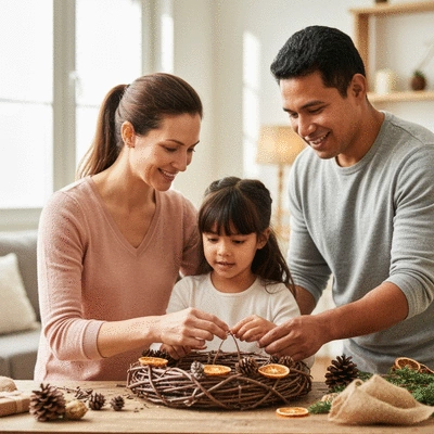 Family crafting together, making a rustic Christmas wreath with natural materials