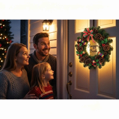 Family admiring a personalized Christmas wreath on a front door, warm lighting, cozy atmosphere, no text, no words, no typography, clean image