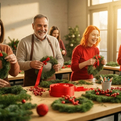 Group of people joyfully participating in a festive Christmas wreath making workshop