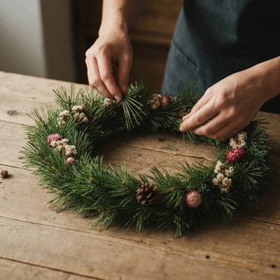 A person carefully selecting sustainable materials for a wreath, such as locally sourced pine branches and dried flowers