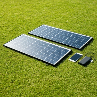 Portable solar panels laid out on green grass with a smartphone and power bank next to them