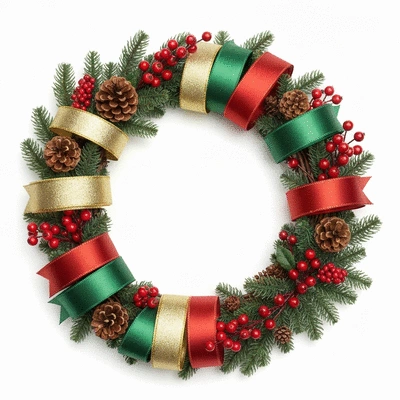 A beautifully arranged Christmas wreath DIY kit with a variety of colorful ribbons, faux berries, pinecones, and greenery on a clean white background