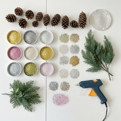 A collection of wreath-making supplies including various glitters, pinecones, and faux greenery on a crafting table